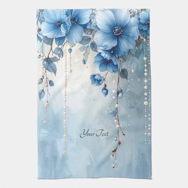 Blue Flowers and Pearls Kitchen Towel (Vertical)