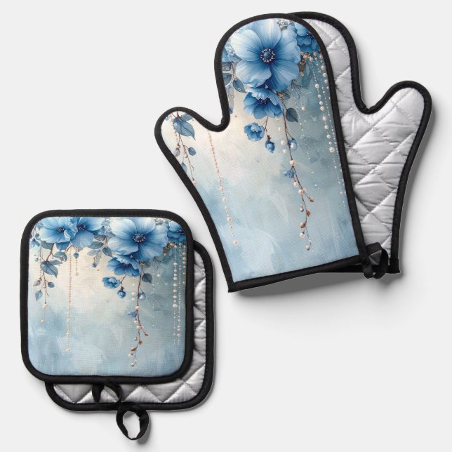 Blue Flowers and Pearls Oven Mitt & Pot Holder Set (Front/Back)
