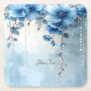 Blue Flowers and Pearls Paper Coaster