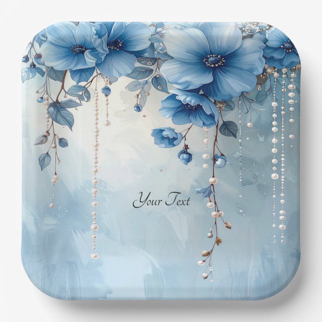 Blue Flowers and Pearls Paper Plate (Front)