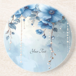 Blue Flowers and Pearls Sandstone Coaster