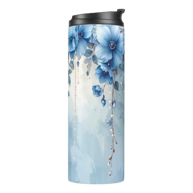 Blue Flowers and Pearls Thermal Tumbler (Rotated Left)