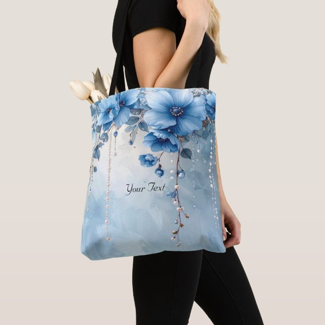 Blue Flowers and Pearls Tote Bag (Close Up)