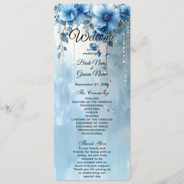Blue Flowers and Pearls Wedding Program (Front)