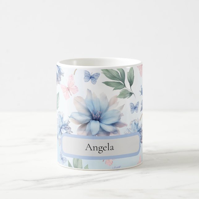 Blue Flowers and Pink Butterflies Coffee Mug (Center)