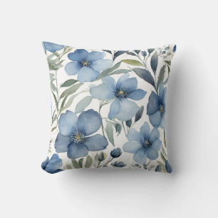 Blue Flowers Art Floral Design Watercolors Cushion
