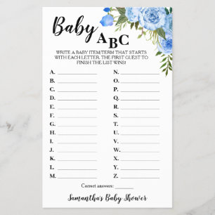 Blue Flowers Baby ABC Baby Shower Game Card