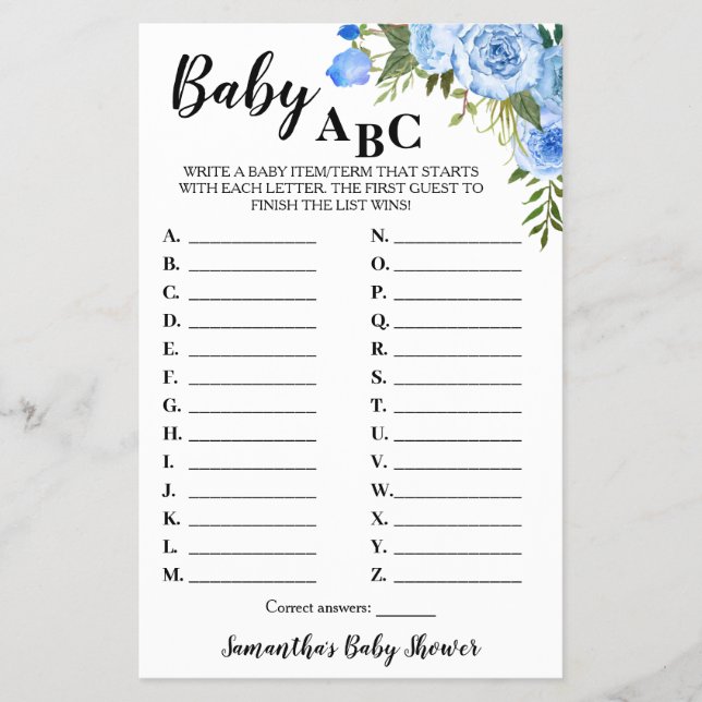 Blue Flowers Baby ABC Baby Shower Game Card (Front)
