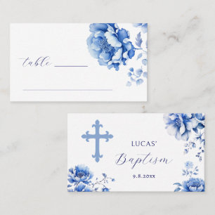 Blue Flowers Baptism Flat Place Card