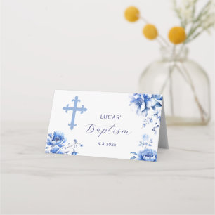 Blue Flowers Baptism Folded Place Card