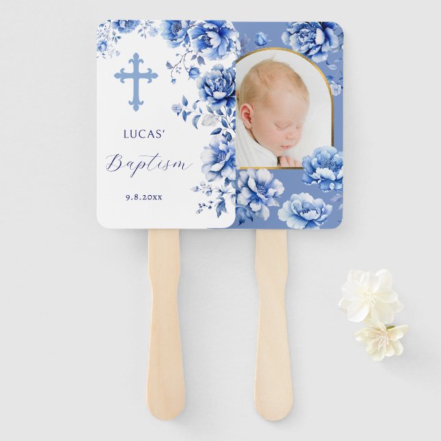 Blue Flowers Baptism Hand Fan (Front and Back)