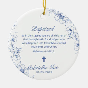 Blue Flowers Baptism Scripture & Photo Ceramic Ornament