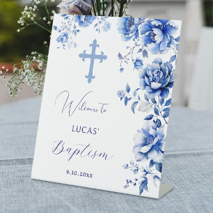 Blue Flowers Baptism Welcome Pedestal Sign