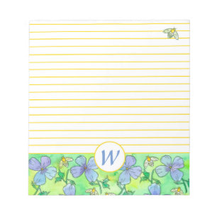 Blue Flowers Bees Monogram Yellow Lined Notepad
