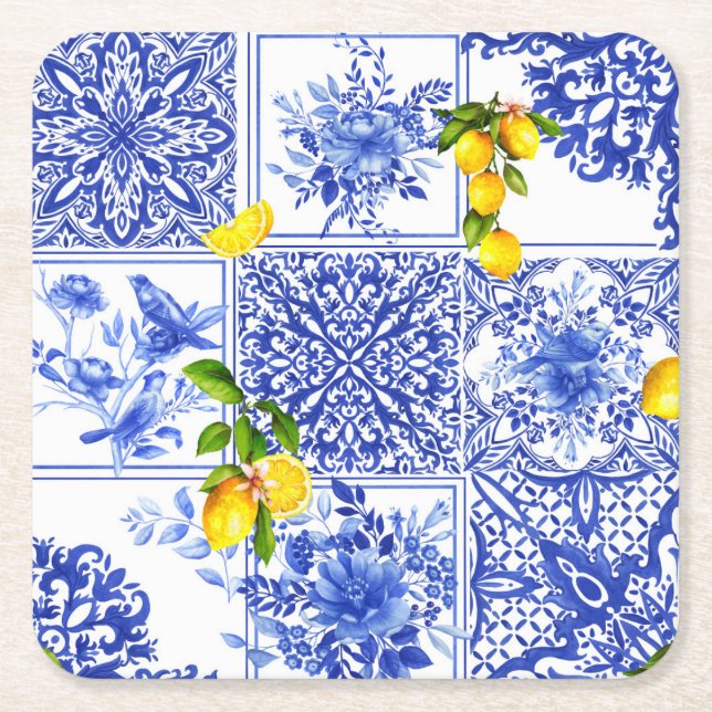 Blue flowers,blue china,porcelain,birds square paper coaster (Front)