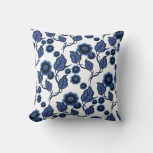 Blue flowers, blue leaves, Folk art floral Cushion