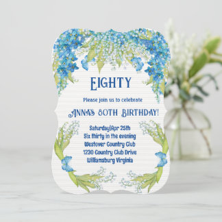 Blue flowers Botanical 80th Birthday Invitation