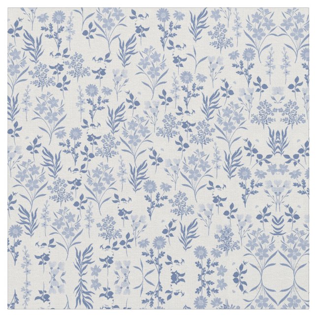 Blue Flowers Botanical Painting Fabric (Close Up)