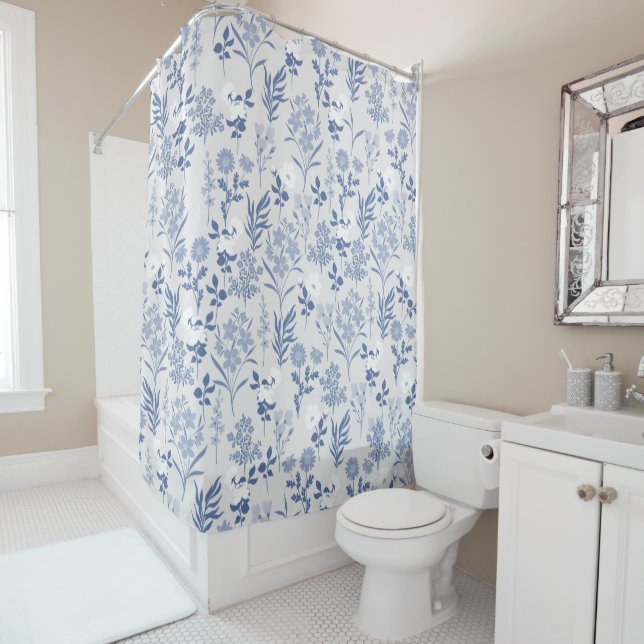 Blue Flowers Botanical Painting Shower Curtain (In Situ)