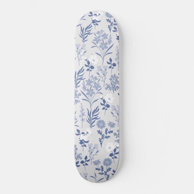 Blue Flowers Botanical Painting Skateboard (Front)