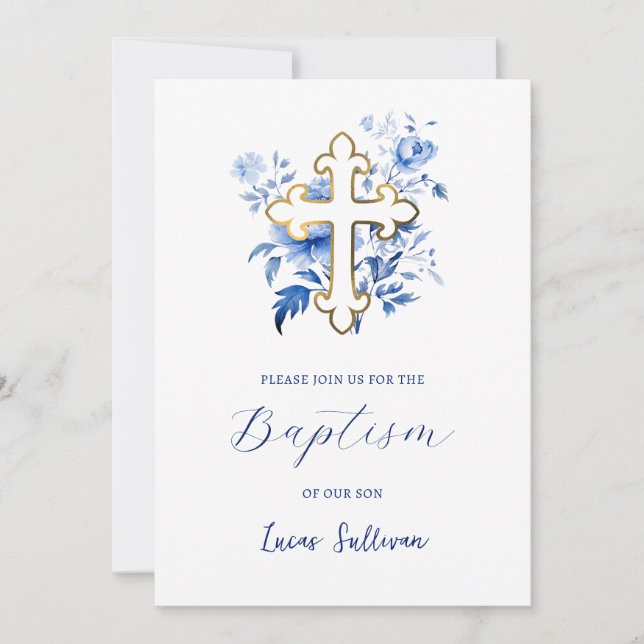 Blue Flowers Bouquet Baptism Invitation (Front)