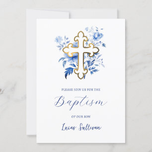 Blue Flowers Bouquet Baptism Invitation