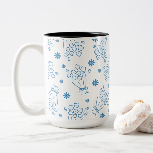 Blue Flowers Bouquets Motif Mug (With Donut)