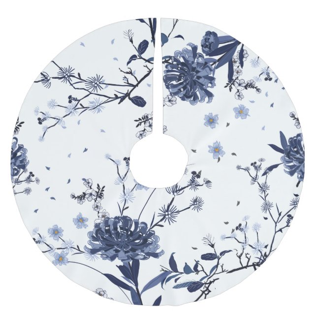 Blue flowers brushed polyester tree skirt (Front)