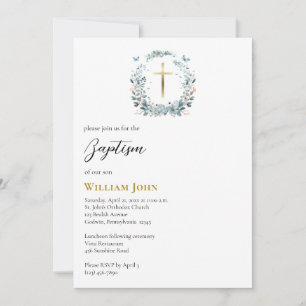 Blue Flowers Butterflies Wreath Orthodox Baptism   Invitation