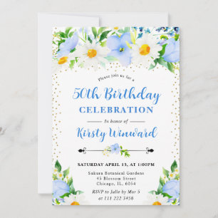 Blue Flowers & Daisies Photo 50th birthday Invitation