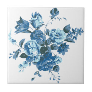 Blue Flowers - Drawing Art Collection - Vintage - Ceramic Tile