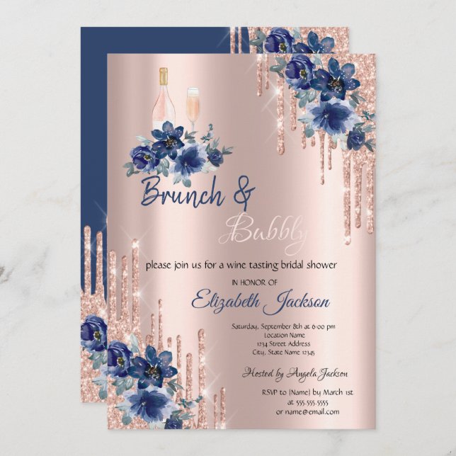 Blue Flowers Drips Brunch & Bubbly Bridal Shower  Invitation (Front/Back)