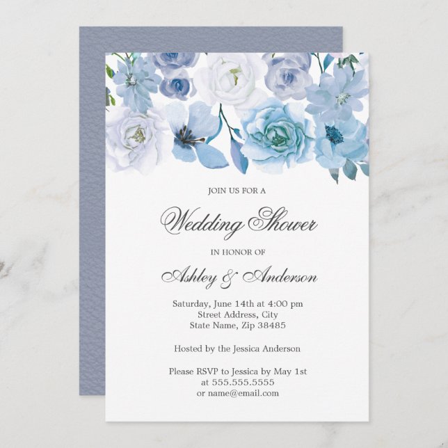 Blue Flowers Elegant Wedding Shower Invitation (Front/Back)