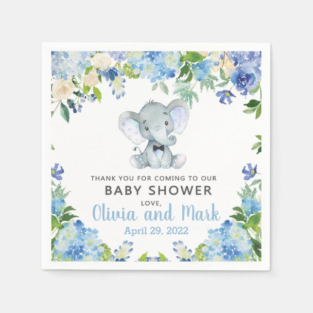 Blue flowers elephant & bow tie baby shower napkin (Front)