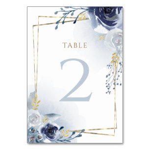 blue flowers faux gold foil Baptism Table Number