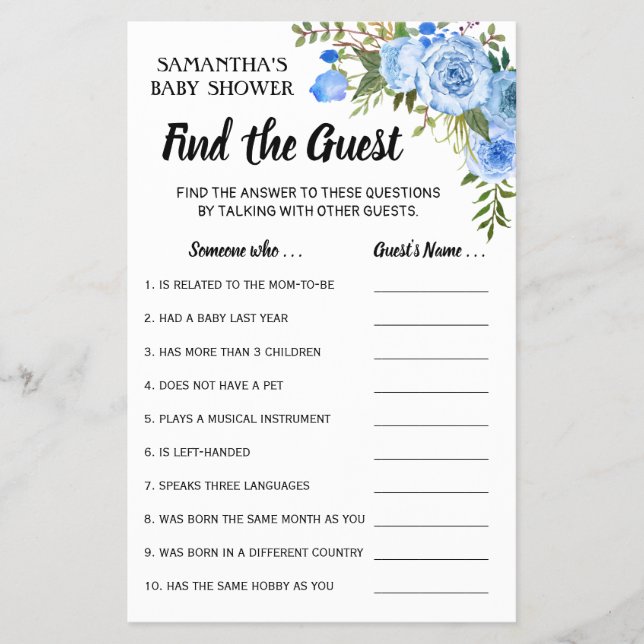 Blue Flowers Find the Guest Baby Shower Game card (Front)