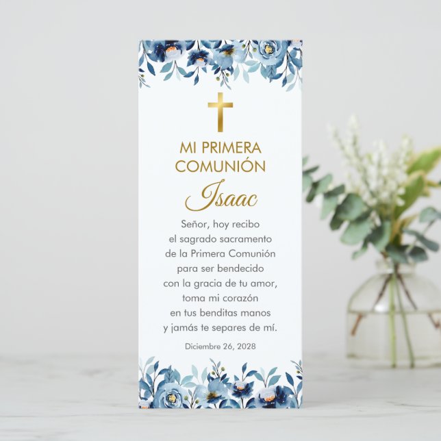 Blue Flowers First Communion Bookmark in Spanish (Standing Front)