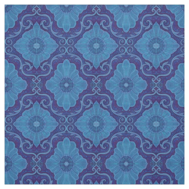 "Blue flowers” floral arabesque, handdrawn pattern Fabric (Swatch)