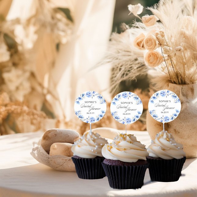 Blue Flowers Floral Calligraphy Bridal Shower Classic Round Sticker (Elegant watercolor floral stickers from my Something Blue Floral Bridal Shower Collection)