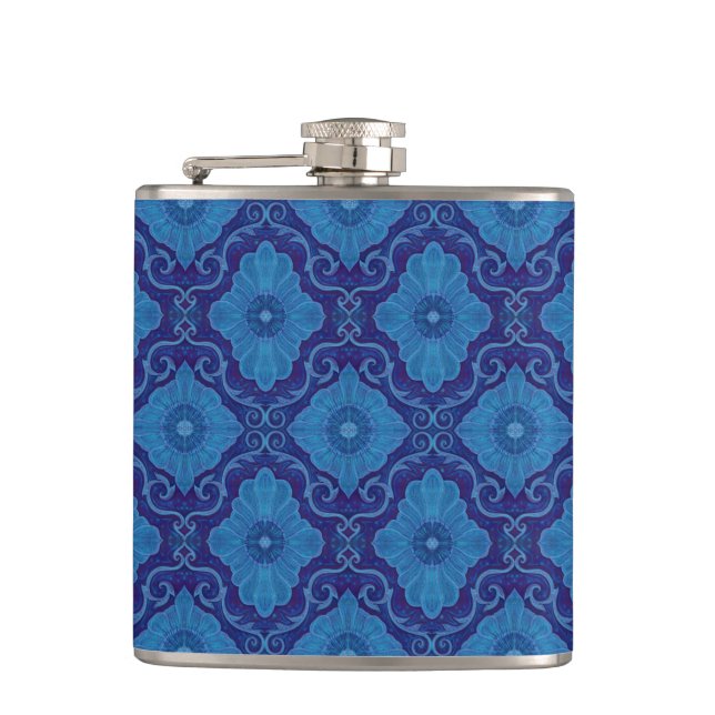 "Blue flowers” floral motif, bohemian pattern Hip Flask (Front)