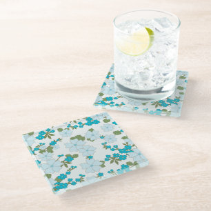 Blue Flowers, Floral Pattern, Pattern Of Flowers Glass Coaster