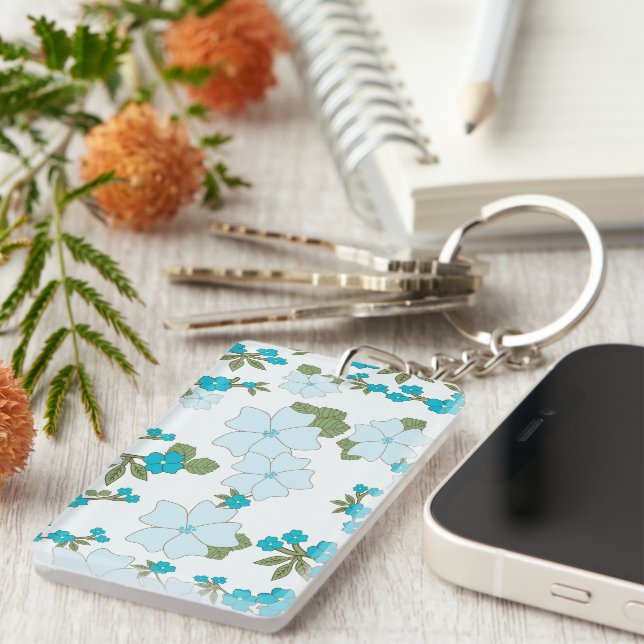 Blue Flowers, Floral Pattern, Pattern Of Flowers Key Ring (Front Right)