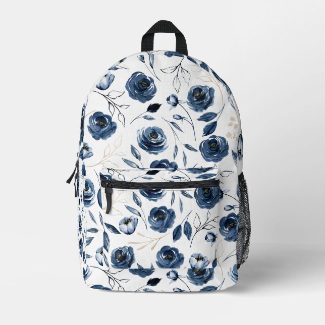Blue Flowers Floral Pattern Printed Backpack (Front)