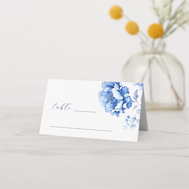 Blue Flowers Folded Place Card (Front)