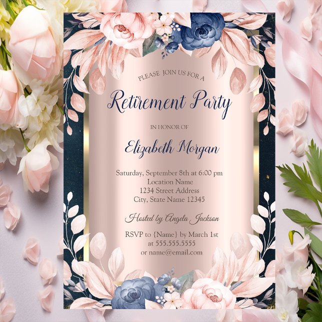 Blue Flowers,Frame Dark Blue Retirement  Invitation (Creator Uploaded)