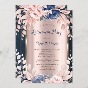 Blue Flowers,Frame Dark Blue Retirement  Invitation