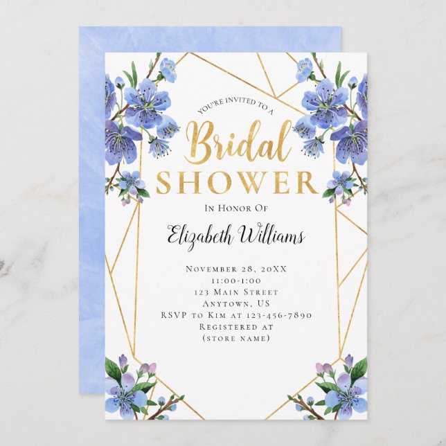 Blue Flowers Geometric Frame Bridal Shower Invitation (Front/Back)