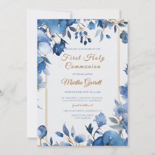 Blue Flowers Girl First Holy Communion Invitation