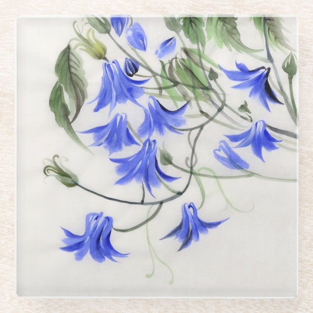 Blue Flowers Glass Coaster (Front)
