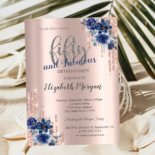 Blue Flowers Glitter Drips Rose Gold 50th Birthday Invitation